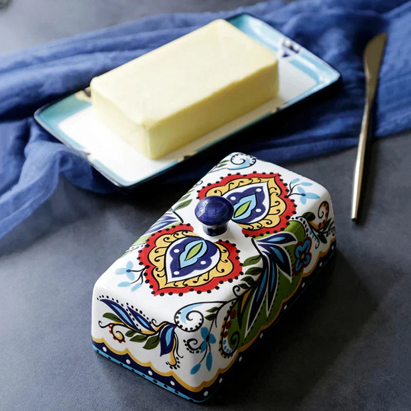 Colorful Painted Ceramic Butter Dish