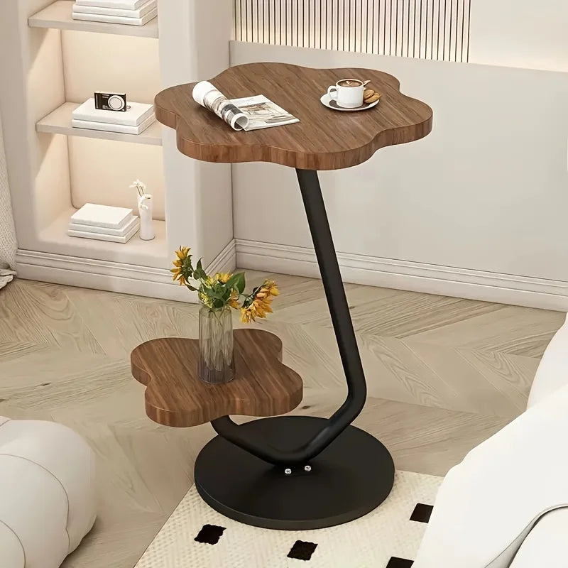 White Floral End Table with 2 Tier Storage and Metal Base