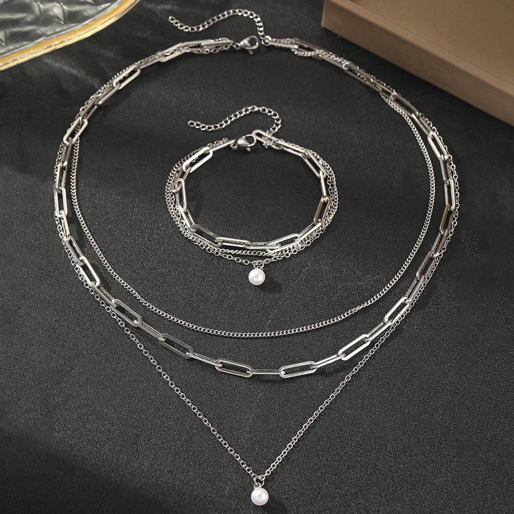 Delicate Pearl Chain Layering Bracelet Necklace Set