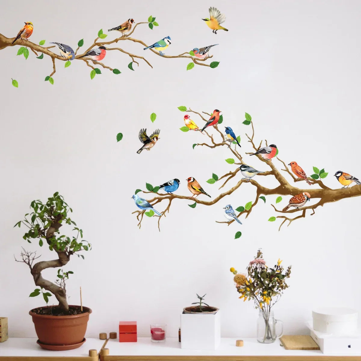 Decorative Bird Wall Decals with Leaves, 3D Vinyl Stickers - Fesara
