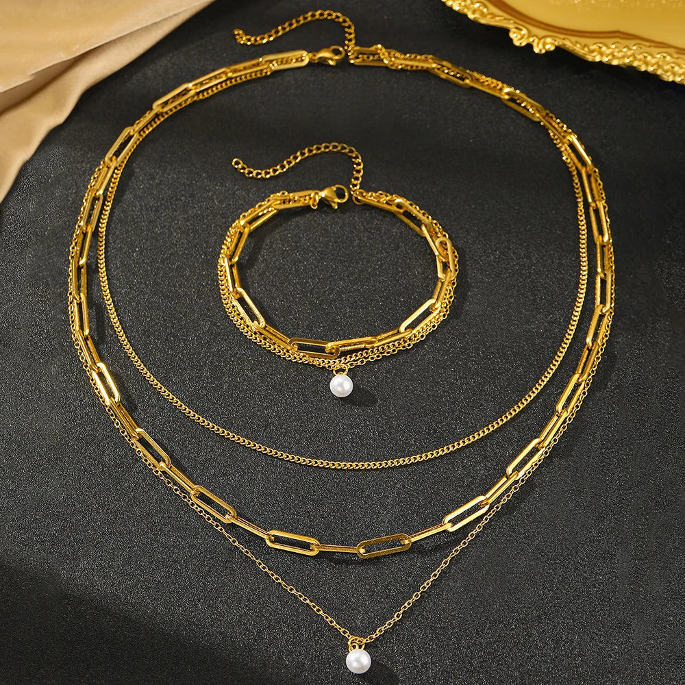 Delicate Pearl Chain Layering Bracelet Necklace Set