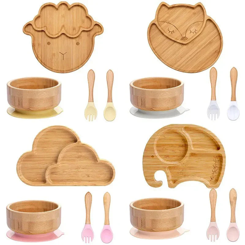 Natural Bamboo Baby Dish Set with Strong Suction Base