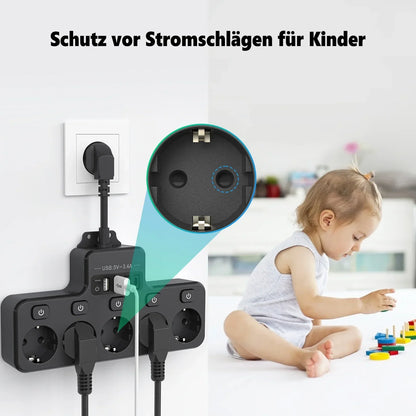 Compact EU Power Strip with 5 Outlets and 4 USB Ports