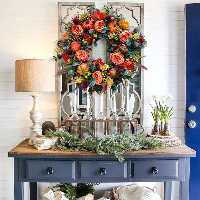 Fall Harvest Door Wreath with Pumpkins and Twigs