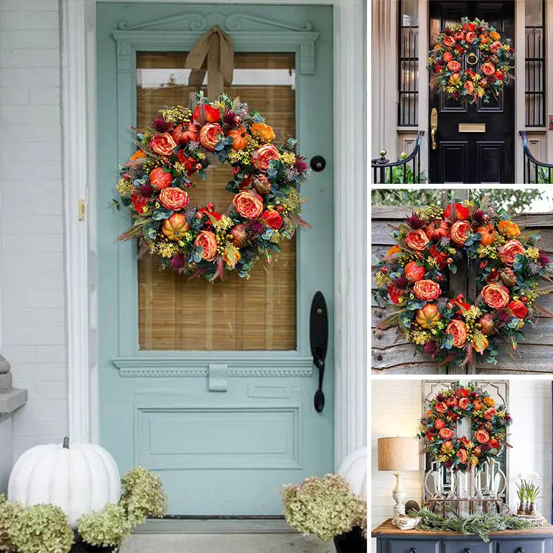 Fall Harvest Door Wreath with Pumpkins and Twigs