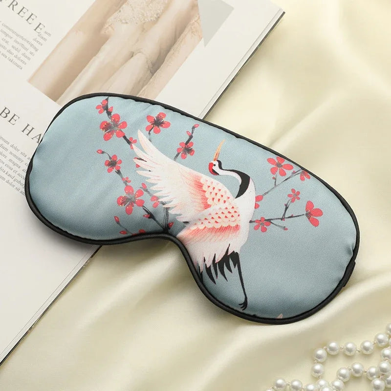 Soft Silk Eye Mask with Elegant Crane Pattern
