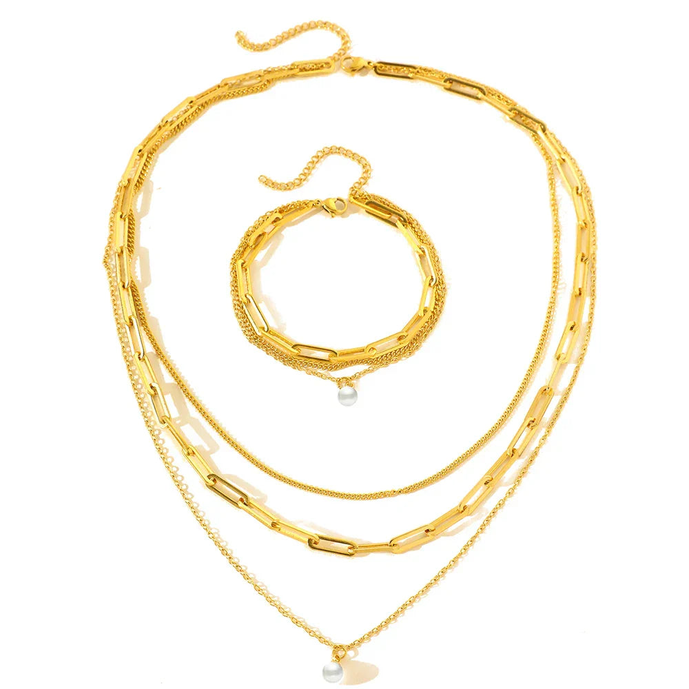 Delicate Pearl Chain Layering Bracelet Necklace Set - Fesara