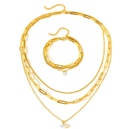 Delicate Pearl Chain Layering Bracelet Necklace Set - Fesara