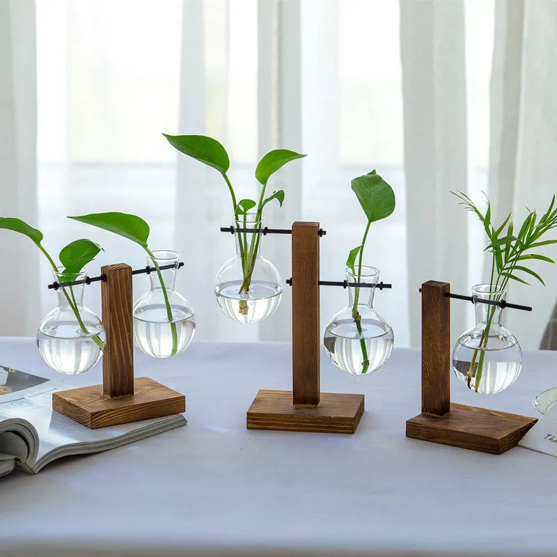 Modern Wood Accent Glass Vase Set for Fresh Flowers