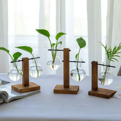 Modern Wood Accent Glass Vase Set for Fresh Flowers