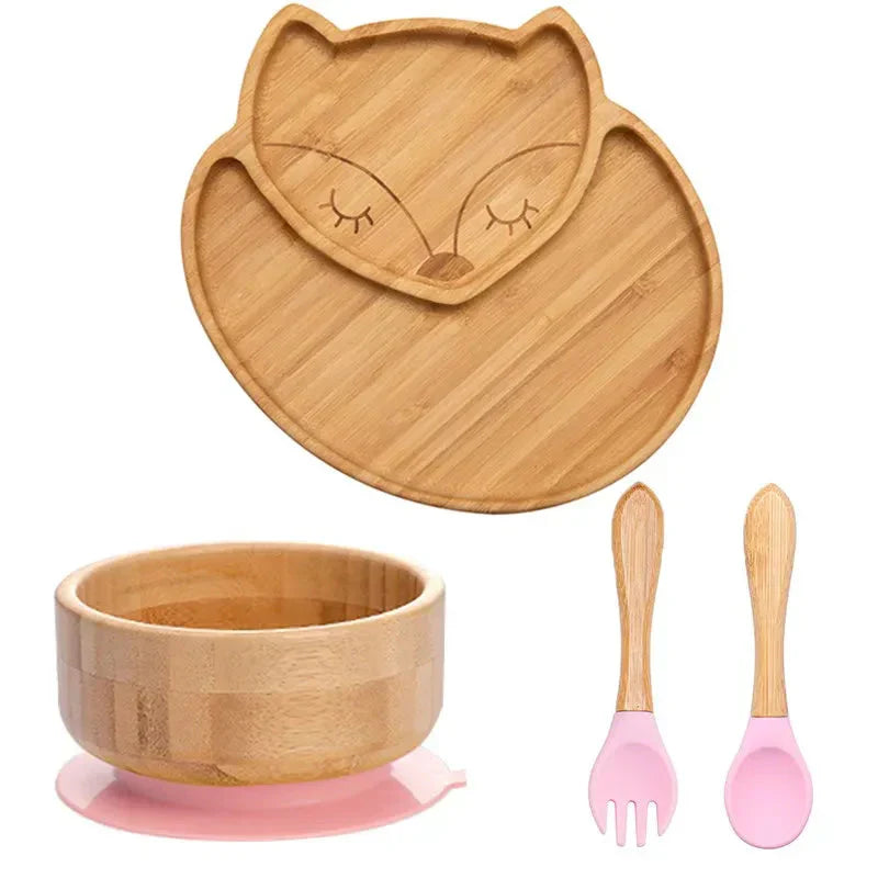 Natural Bamboo Baby Dish Set with Strong Suction Base
