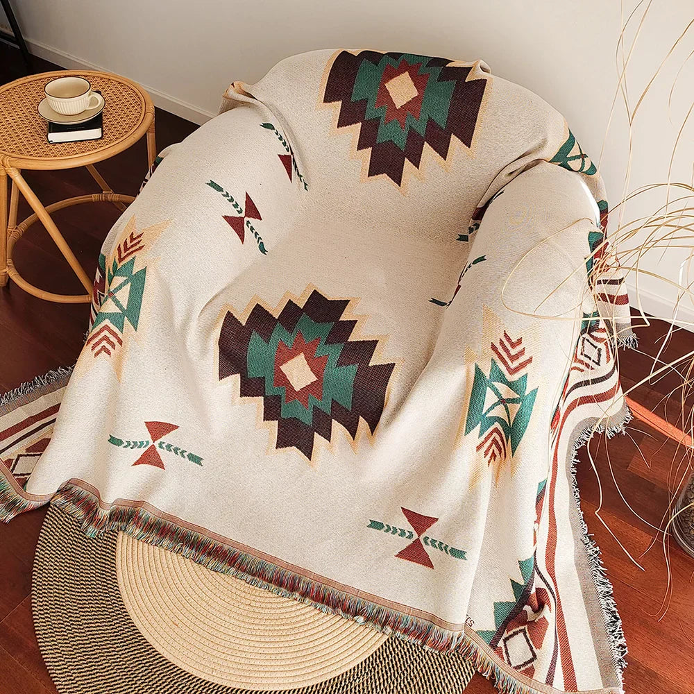 Large Boho Chic Aztec Throw Blanket with Fringe