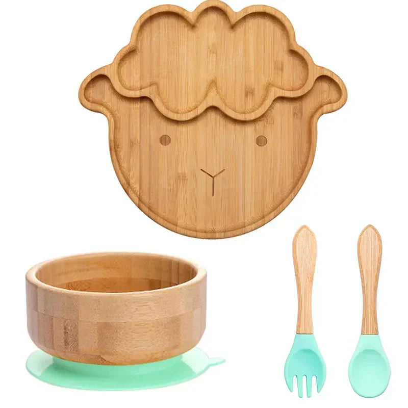 Natural Bamboo Baby Dish Set with Strong Suction Base