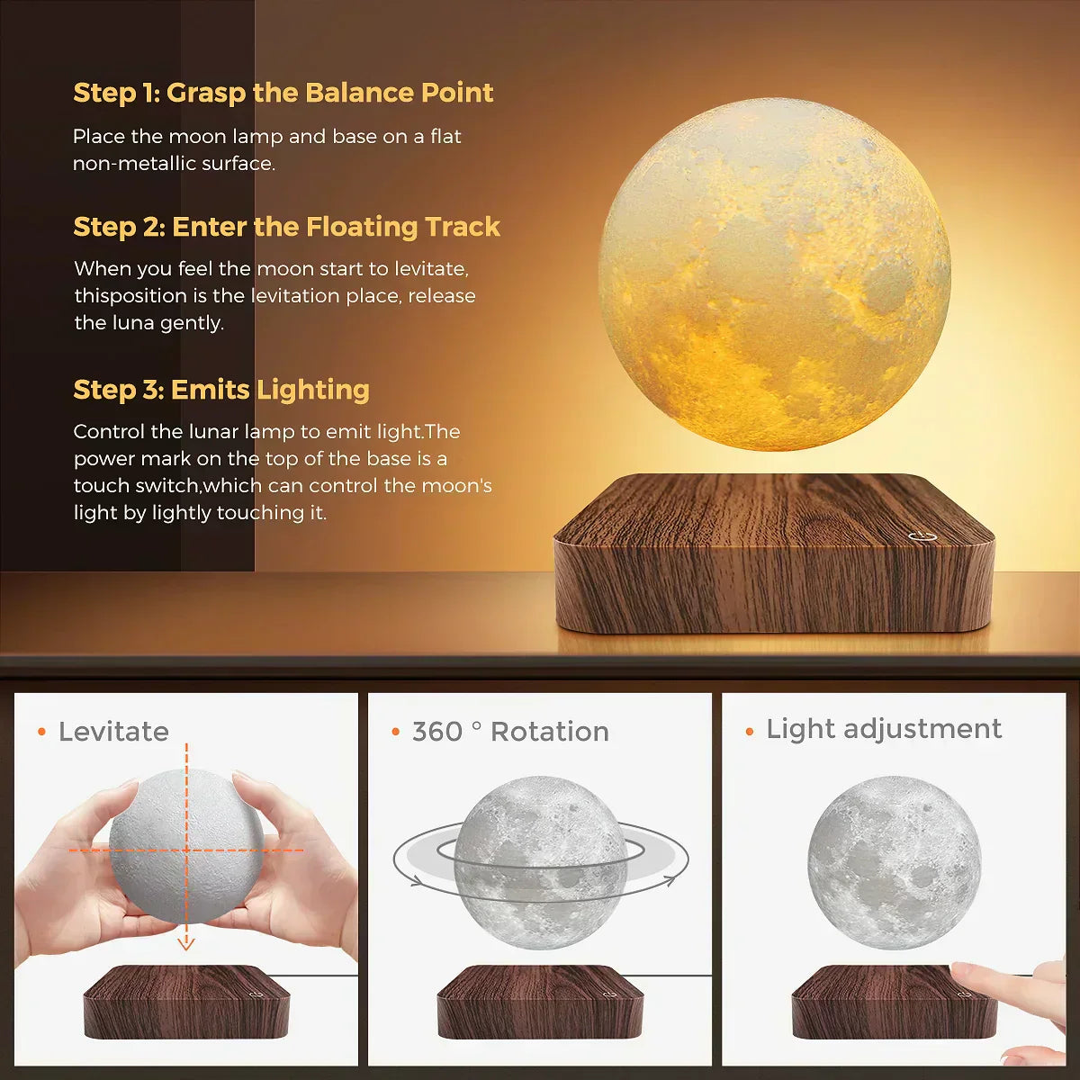 Glowing 3D Moon Table Lamp with LED Magnetic Base