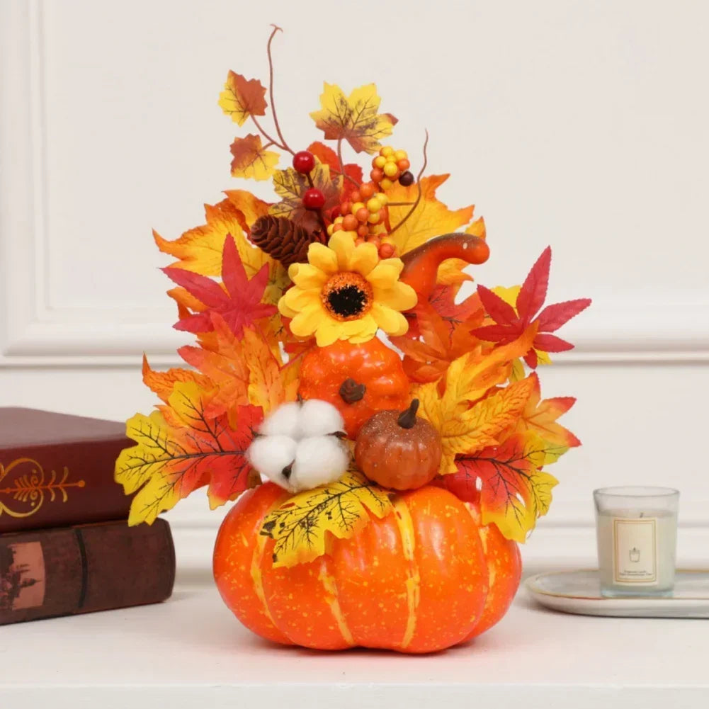 Fall Decorative Pumpkin with Fake Flowers, 25-30cm