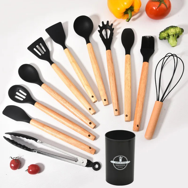 Non-Stick Silicone Kitchen Tools Set with Wooden Handles
