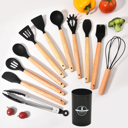 Non-Stick Silicone Kitchen Tools Set with Wooden Handles