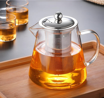 Clear Glass Tea Infuser with Steel Strainer and Wood Lid