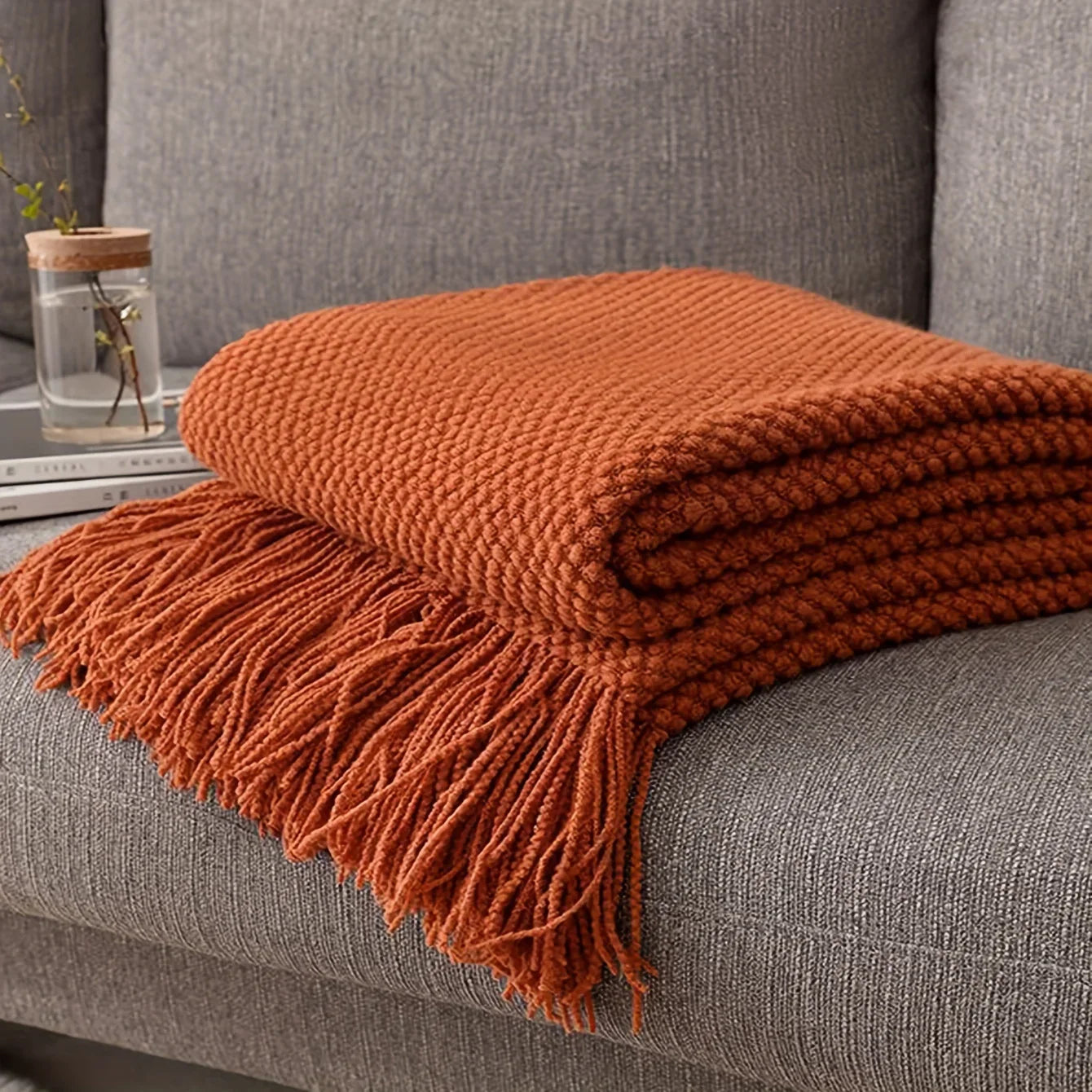 Plush Tassel Throw Blanket in Warm Orange