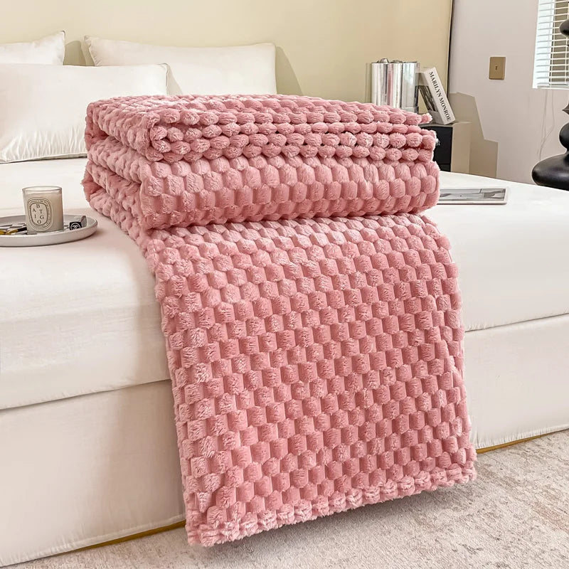 Plush Checked Velvet Blanket Soft Warm Throw