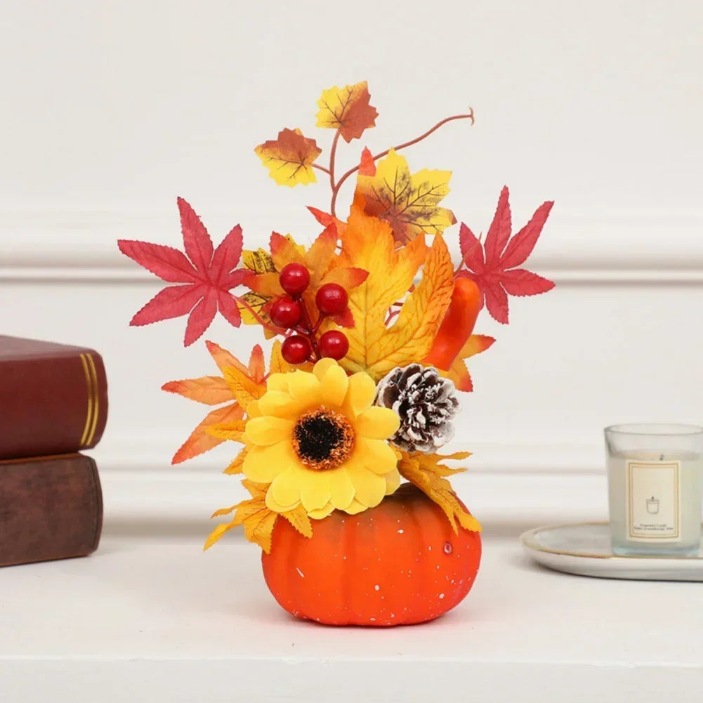 Fall Decorative Pumpkin with Fake Flowers, 25-30cm