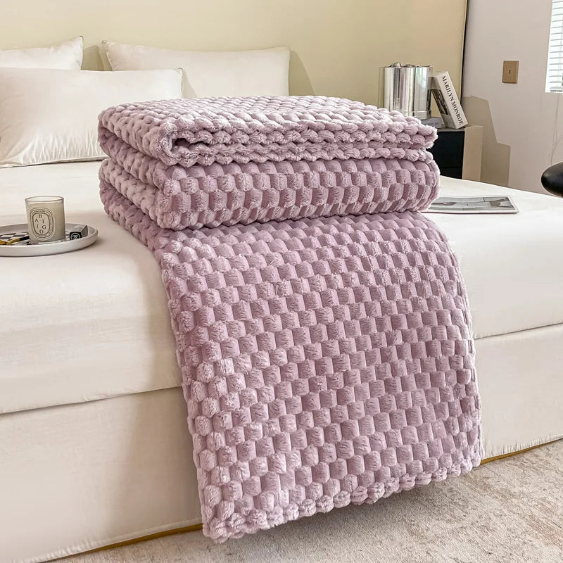Plush Checked Velvet Blanket Soft Warm Throw