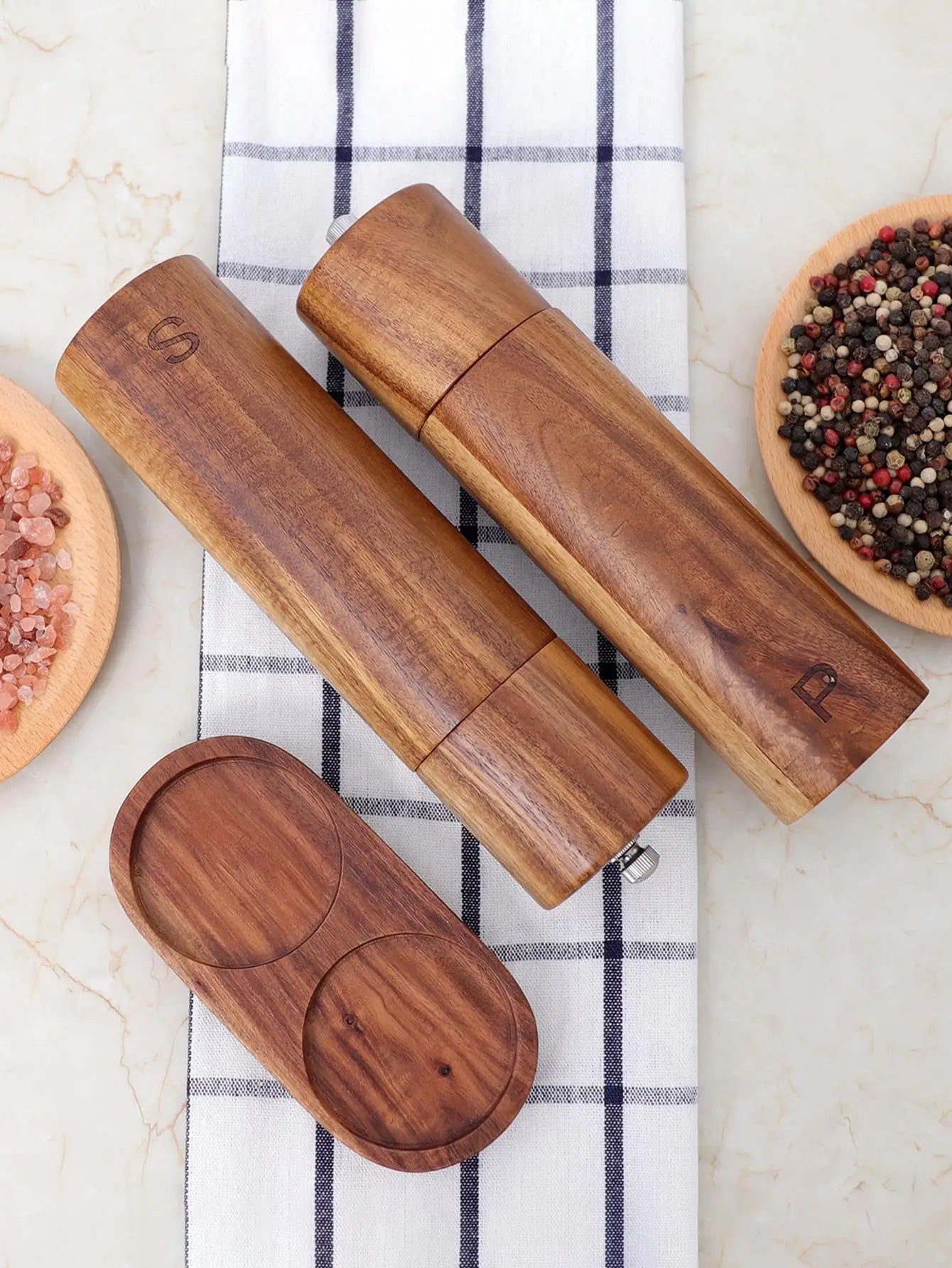 Premium Wooden Salt and Pepper Grinder Set with Tray - Fesara
