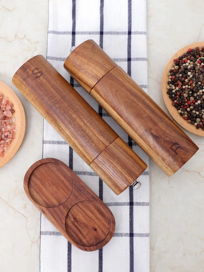 Premium Wooden Salt and Pepper Grinder Set with Tray - Fesara