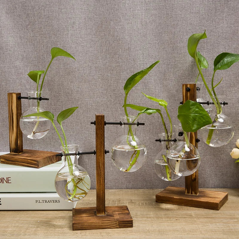 Modern Wood Accent Glass Vase Set for Fresh Flowers