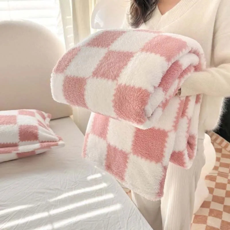 Cozy Plush Throw Blanket with Pink Check Design