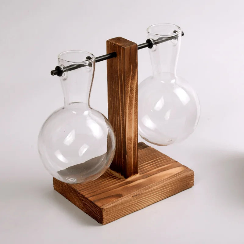 Modern Wood Accent Glass Vase Set for Fresh Flowers