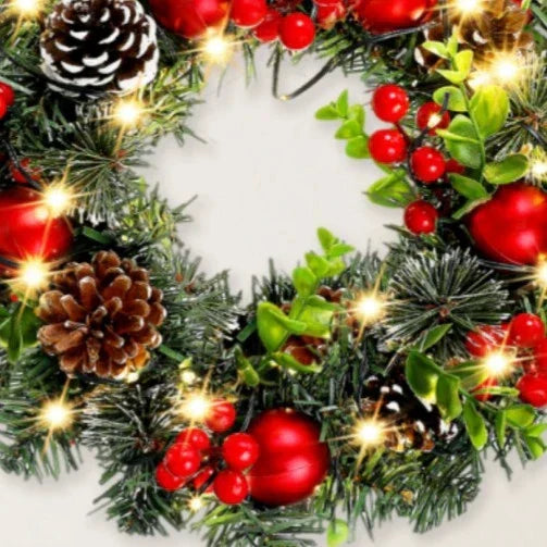 Fesara Christmas Wreath with LED Lights & Red Decorations
