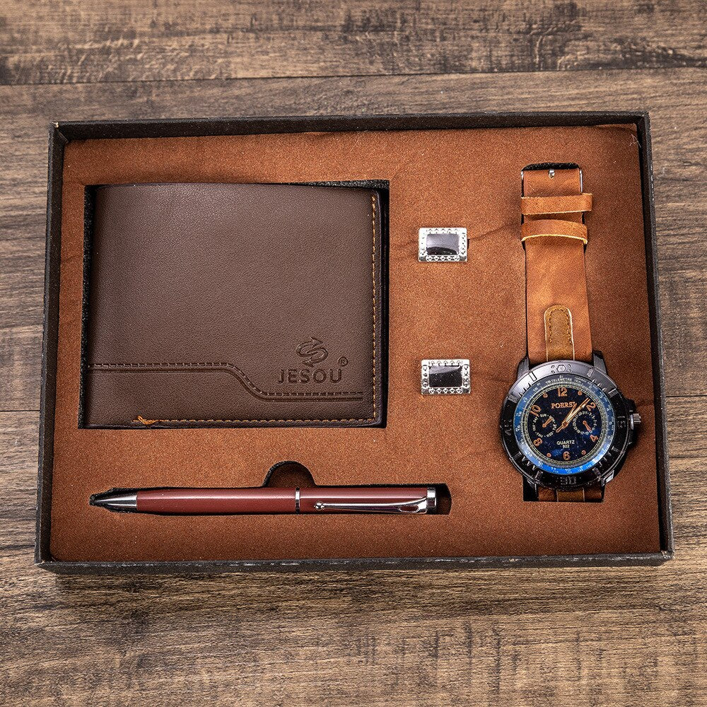 Stylish Men's Leather Watch Gift Box Set