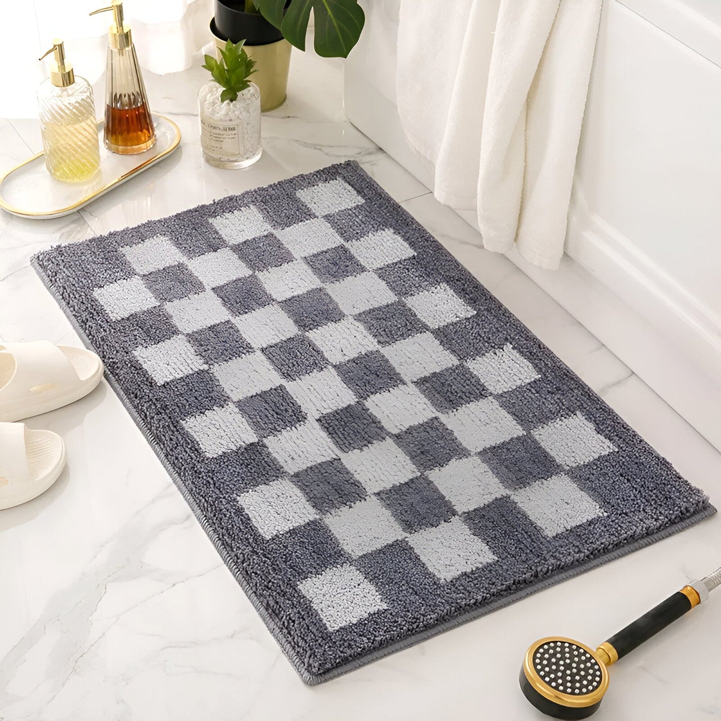 Soft Microfiber Bathroom Mat Black White Checkered