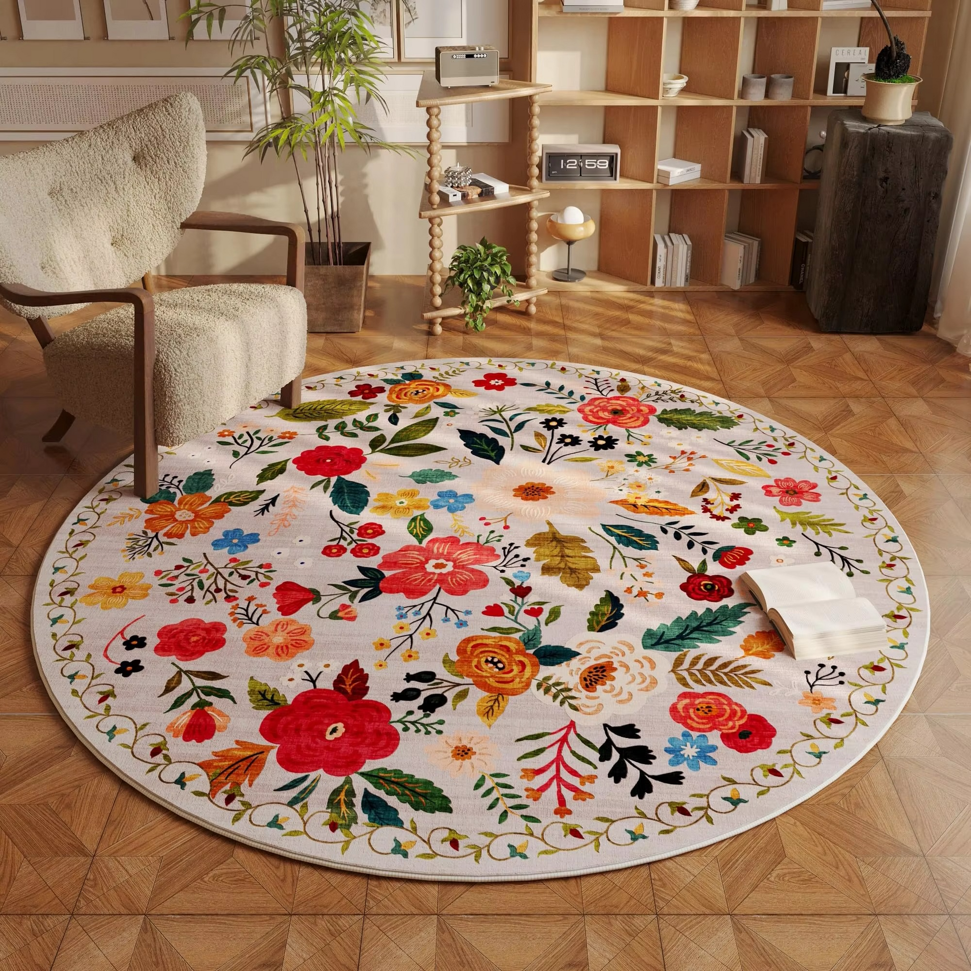 Soft Beige Floral Area Rug with Non Slip Backing - Fesara