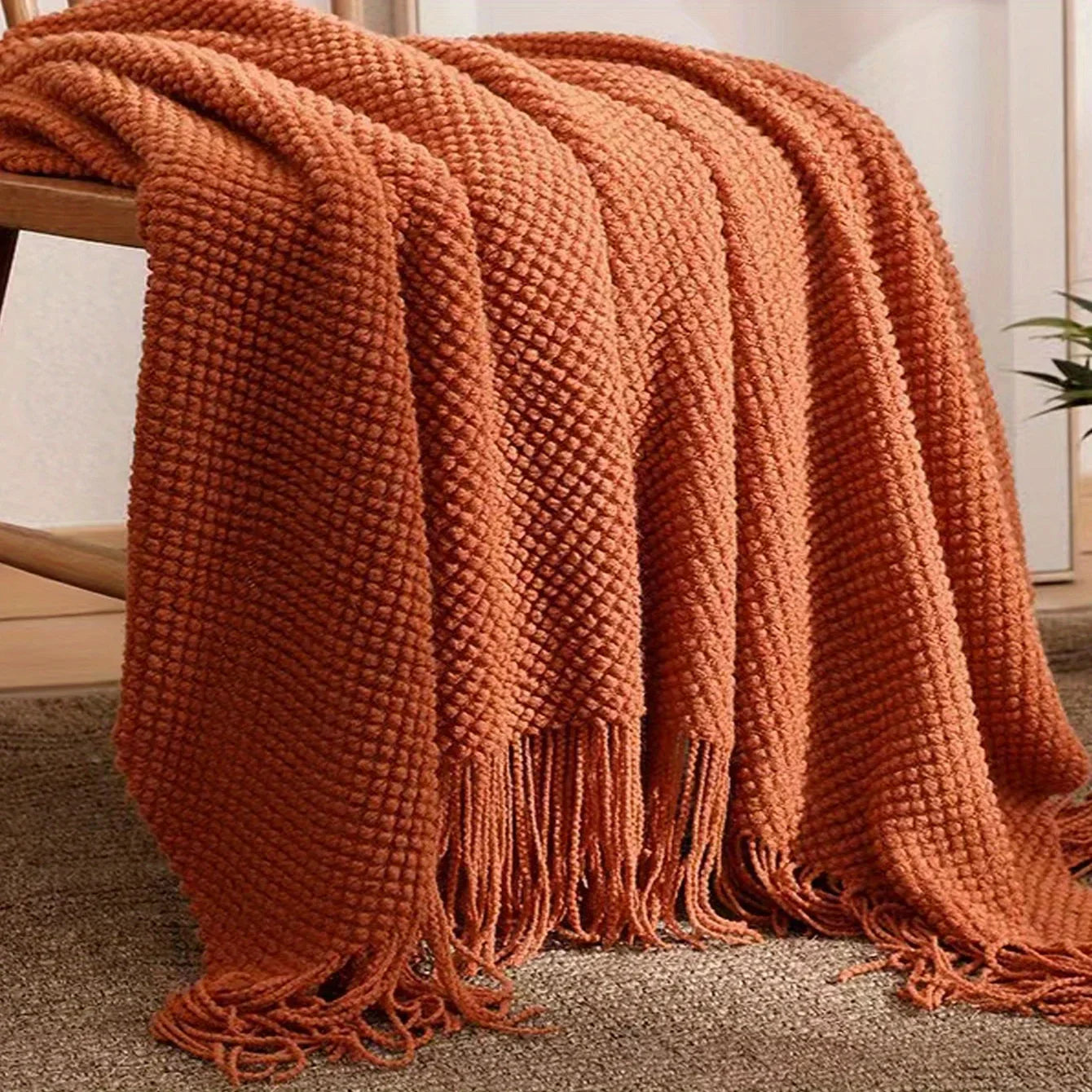 Plush Tassel Throw Blanket in Warm Orange