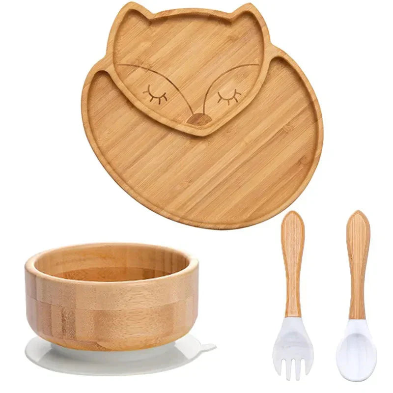 Natural Bamboo Baby Dish Set with Strong Suction Base