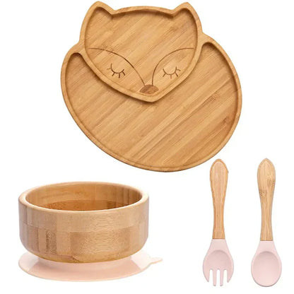 Natural Bamboo Baby Dish Set with Strong Suction Base