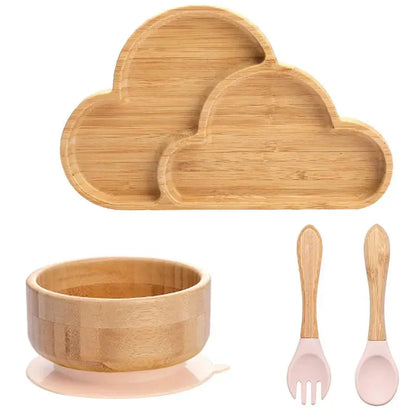 Natural Bamboo Baby Dish Set with Strong Suction Base