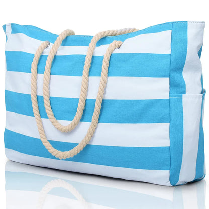 Colorful Stripe Folding Beach Tote Bag with Zipper - Fesara
