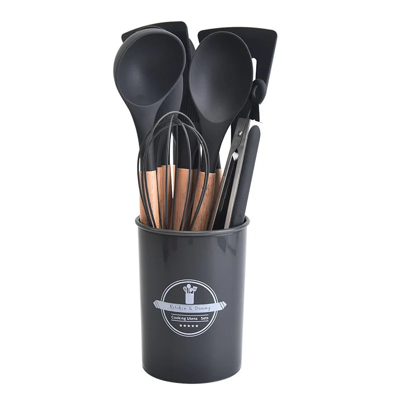 Non-Stick Silicone Kitchen Tools Set with Wooden Handles