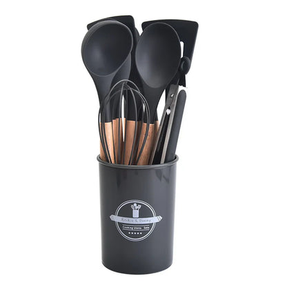 Non-Stick Silicone Kitchen Tools Set with Wooden Handles