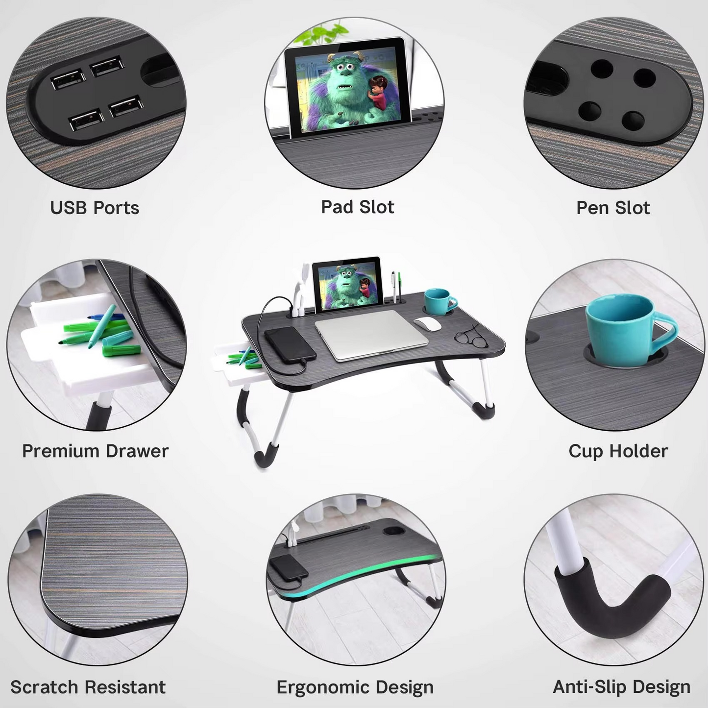 Compact Foldable Laptop Desk with LED Light and Fan
