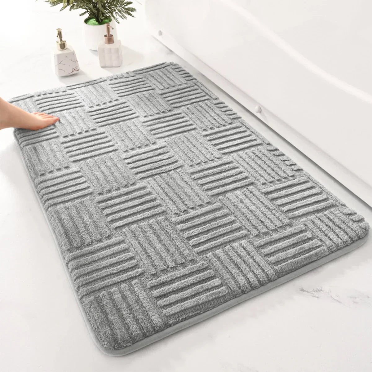 Plush Striped Anti-Slip Bathroom Mat with Gentle Absorbency