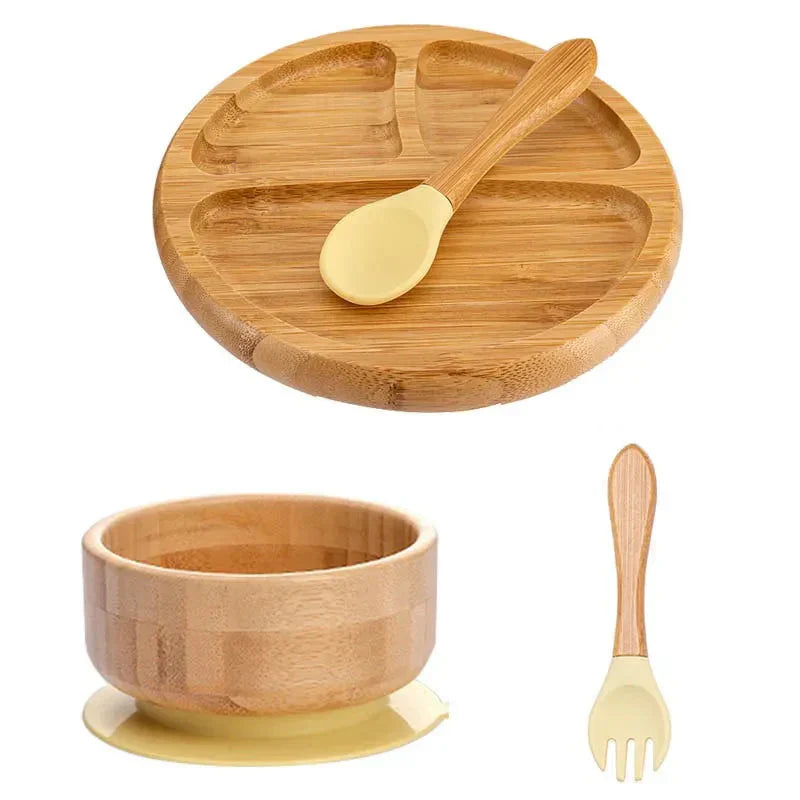 Natural Bamboo Baby Dish Set with Strong Suction Base