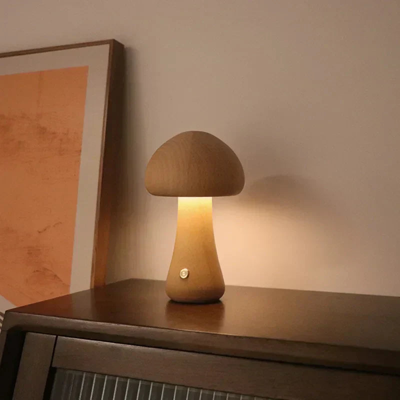 Soft Glow Wooden Mushroom Table Lamp