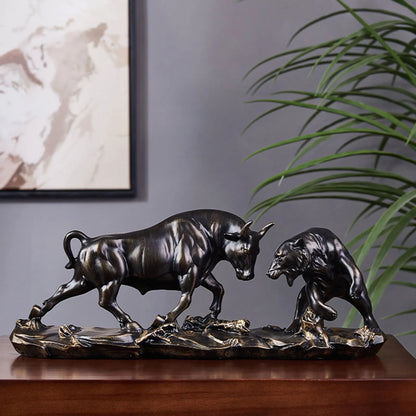 Lucky Bear and Bull Figurine, Asian Decor Statue Set