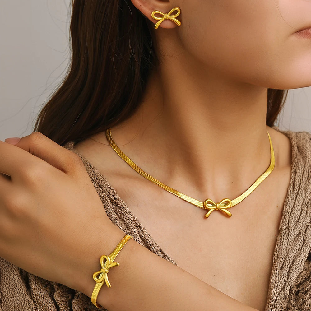 Delicate Bow Herringbone Jewelry Set for Women - Fesara