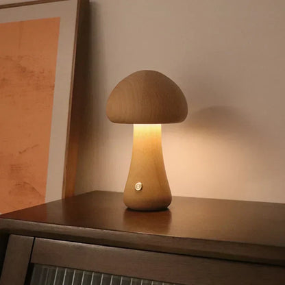 Soft Glow Wooden Mushroom Table Lamp