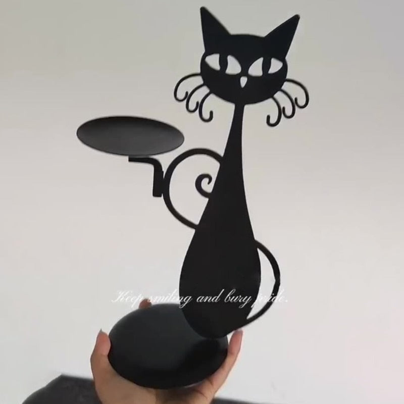 Mystic Black Cat Figurine Candle Holder